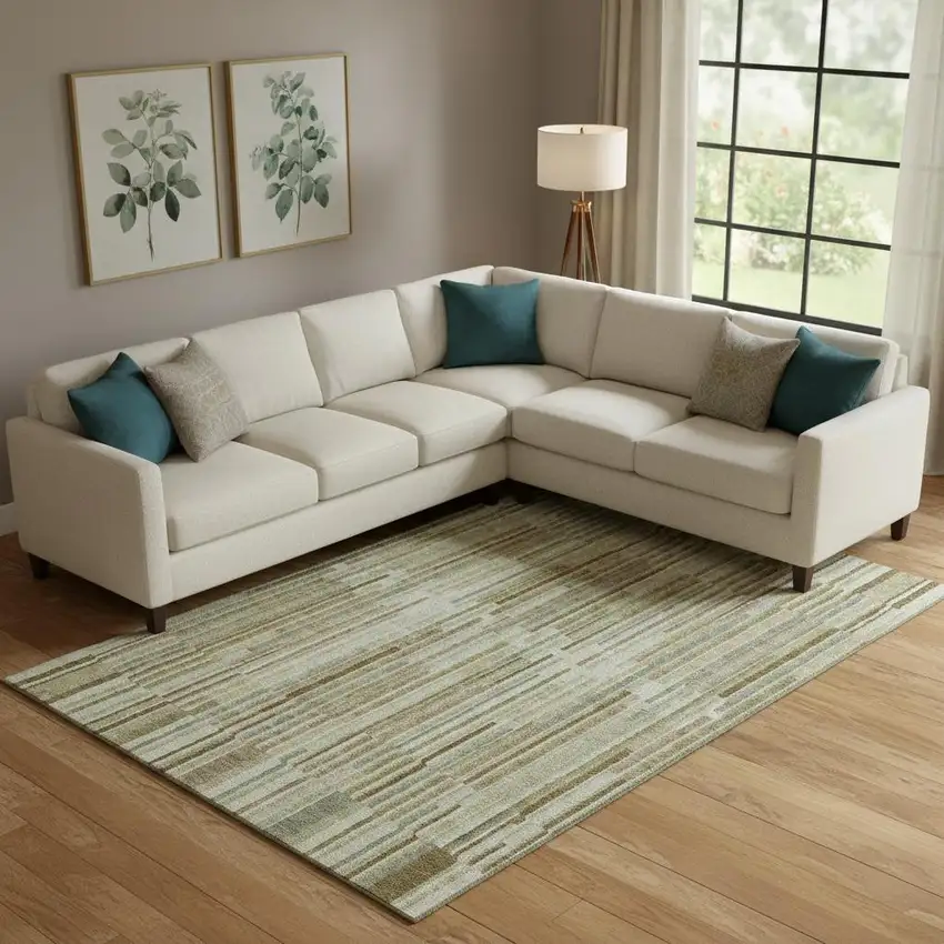 Khaki And Beige Striped Washable Area Rug With UV Protection Photo 2