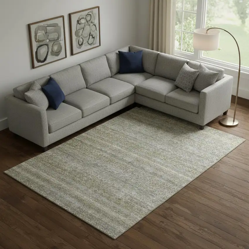 Khaki And Beige Striped Washable Area Rug With UV Protection Photo 2