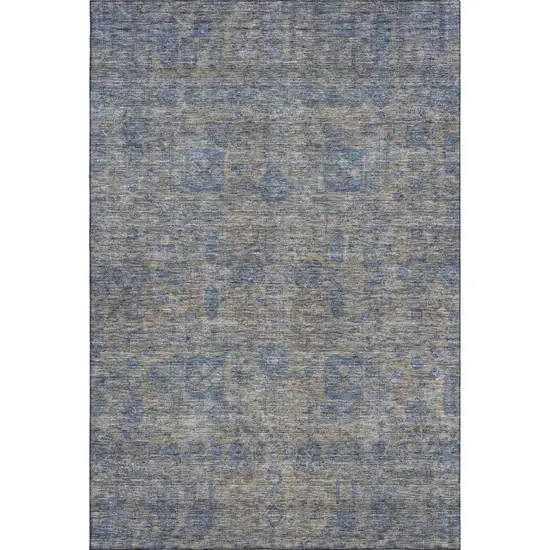 Khaki And Blue Floral Washable Area Rug With UV Protection Photo 1