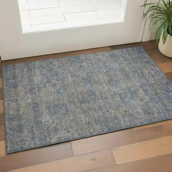 Khaki And Blue Floral Washable Area Rug With UV Protection Photo 1