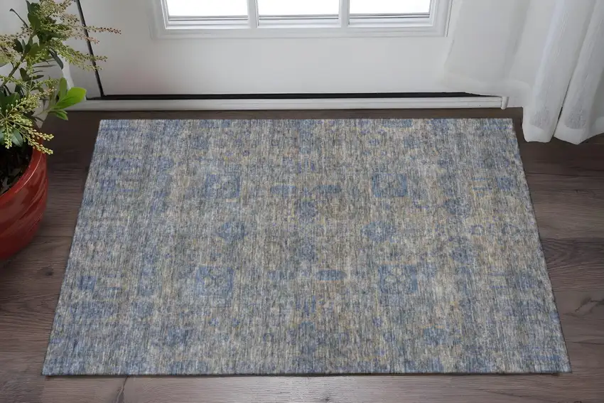 Khaki And Blue Floral Washable Area Rug With UV Protection Photo 2