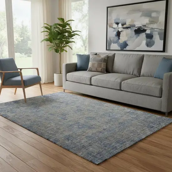 Khaki And Blue Floral Washable Area Rug With UV Protection Photo 1