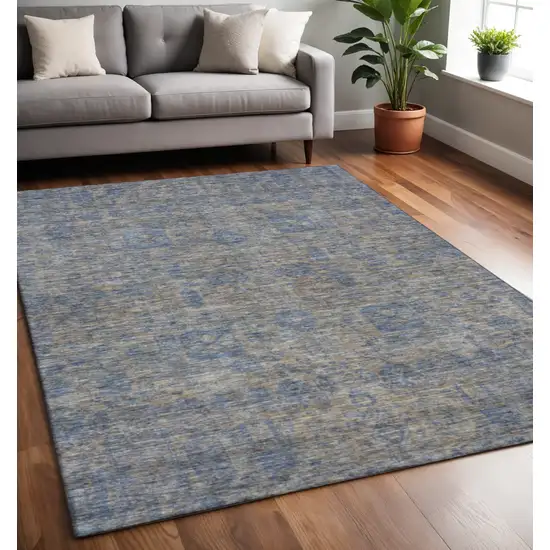 Khaki And Blue Floral Washable Area Rug With UV Protection Photo 2