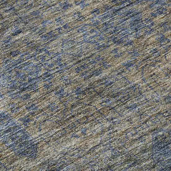 Khaki And Blue Floral Washable Area Rug With UV Protection Photo 8