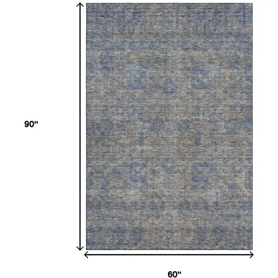 Khaki And Blue Floral Washable Area Rug With UV Protection Photo 9