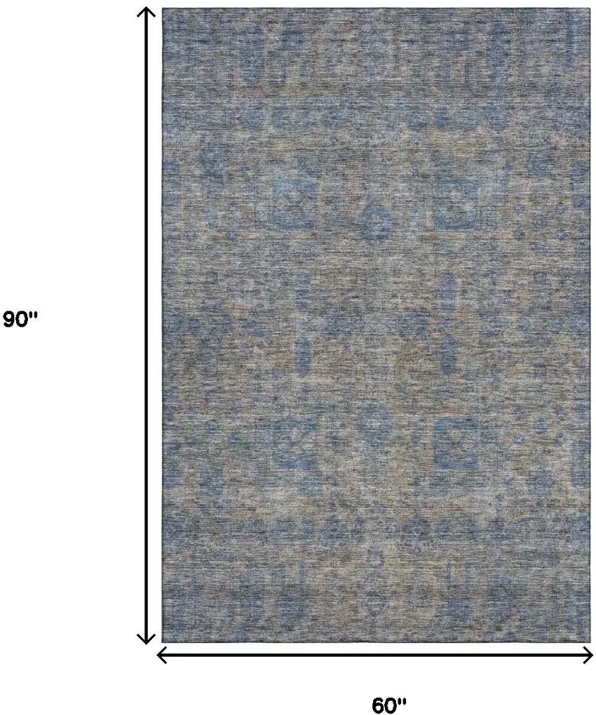 Khaki And Blue Floral Washable Area Rug With UV Protection Photo 9