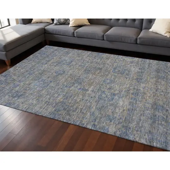 Khaki And Blue Floral Washable Area Rug With UV Protection Photo 2
