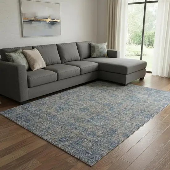 Khaki And Blue Floral Washable Area Rug With UV Protection Photo 1