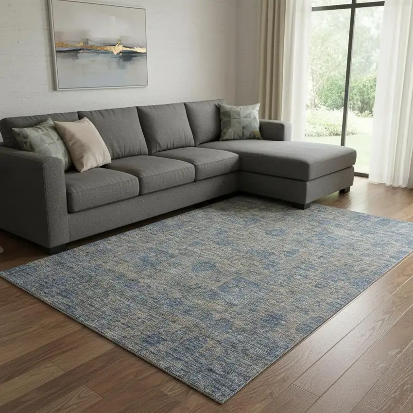 Khaki And Blue Floral Washable Area Rug With UV Protection Photo 1