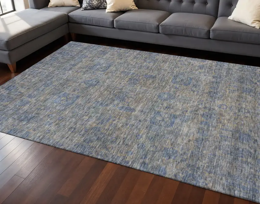 Khaki And Blue Floral Washable Area Rug With UV Protection Photo 2