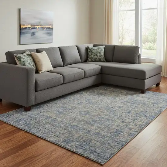 Khaki And Blue Floral Washable Area Rug With UV Protection Photo 1