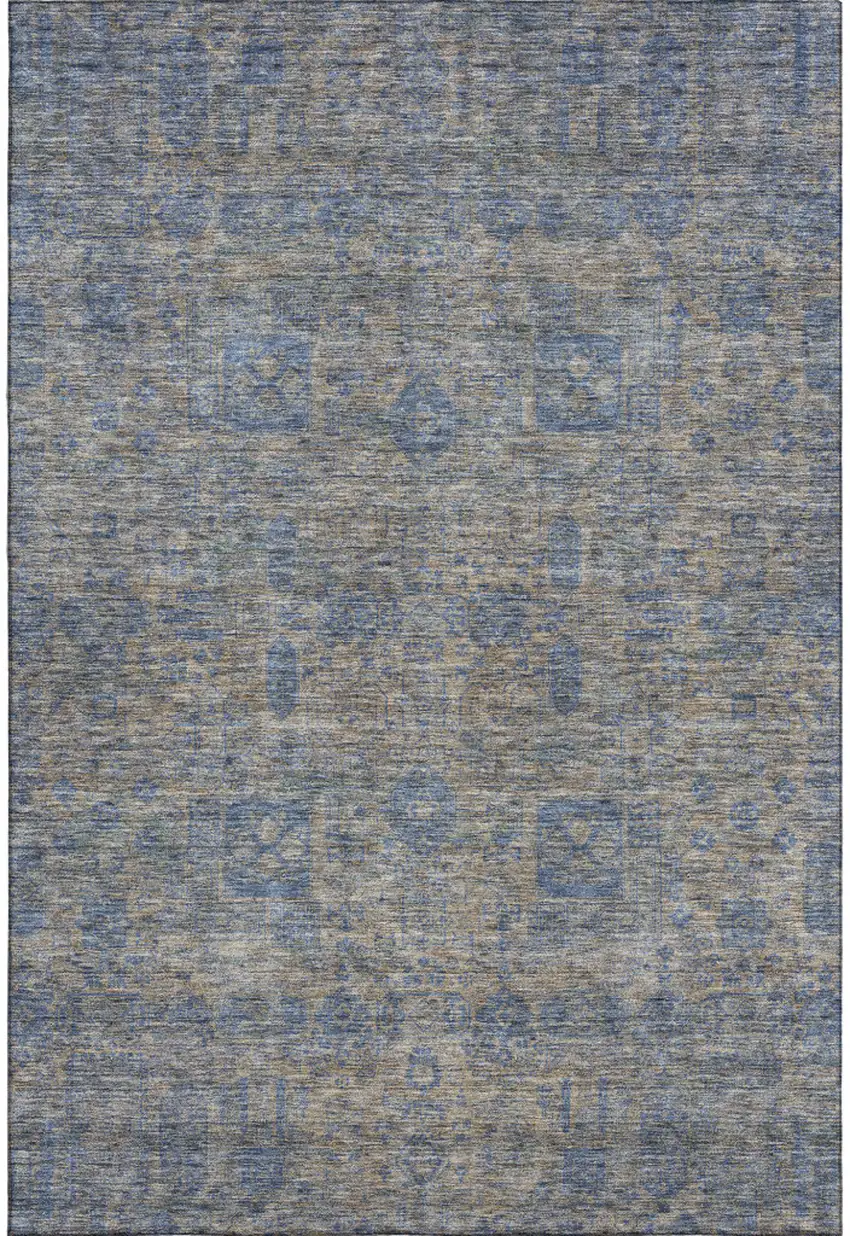 Khaki And Blue Floral Washable Area Rug With UV Protection Photo 1