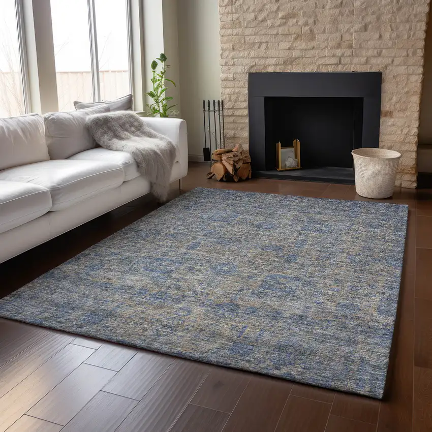 Khaki And Blue Floral Washable Area Rug With UV Protection Photo 4