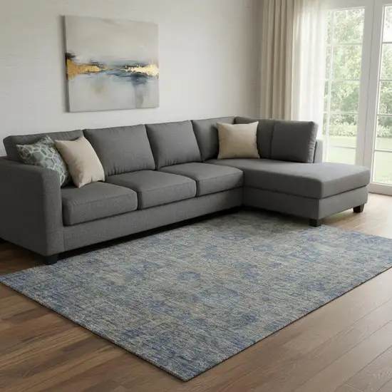 Khaki And Blue Floral Washable Area Rug With UV Protection Photo 1