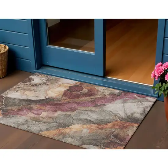 Khaki And Blush Floral Washable Indoor Outdoor Area Rug Photo 2