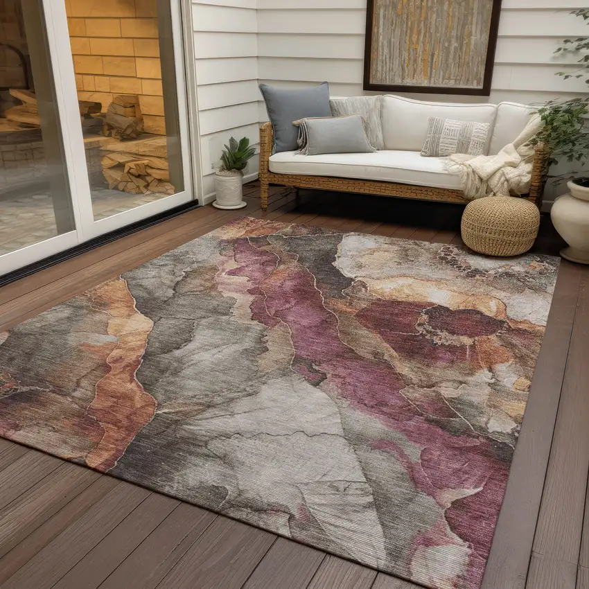 Khaki And Blush Floral Washable Indoor Outdoor Area Rug Photo 6