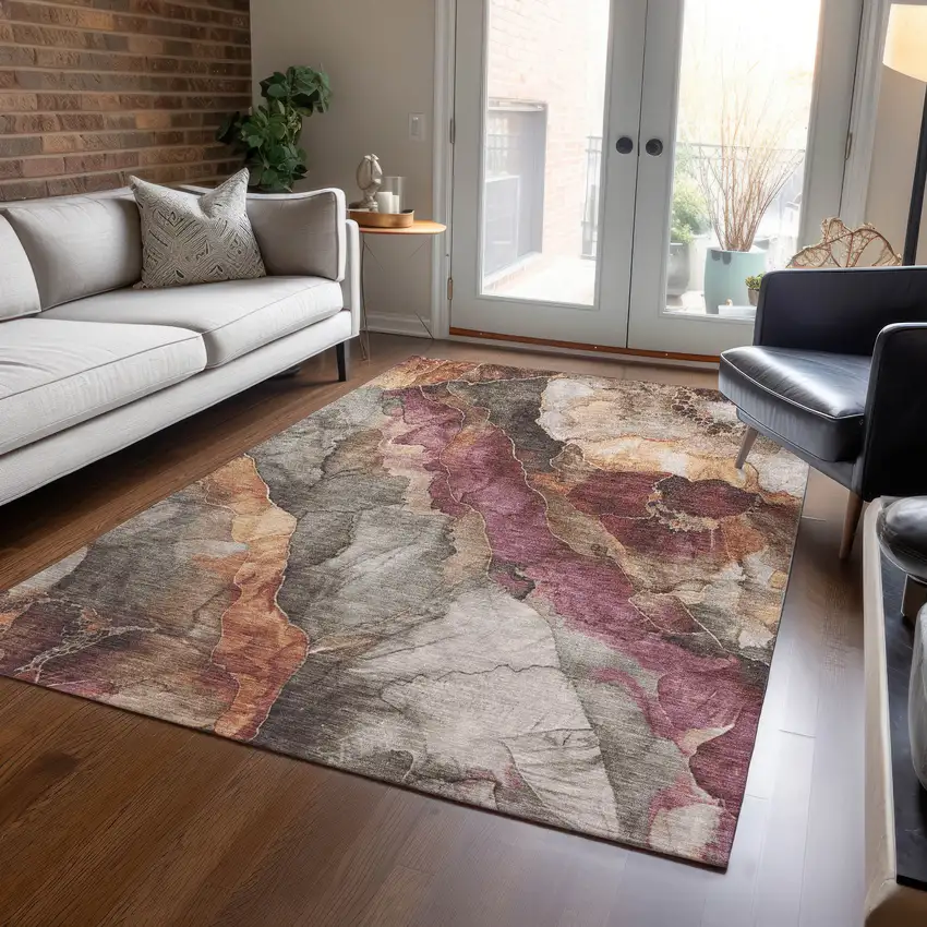 Khaki And Blush Floral Washable Indoor Outdoor Area Rug Photo 7