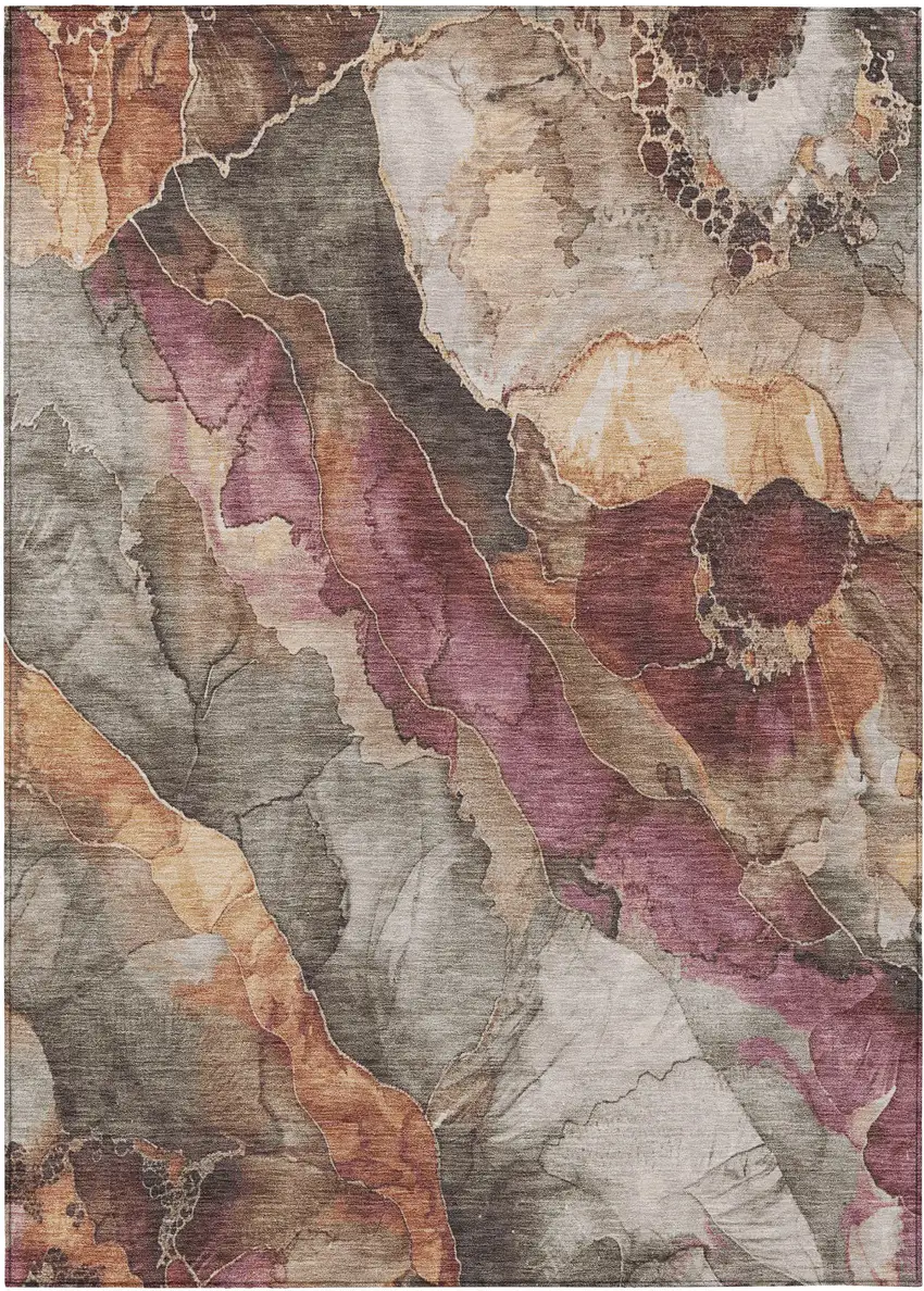 Khaki And Blush Floral Washable Indoor Outdoor Area Rug Photo 1