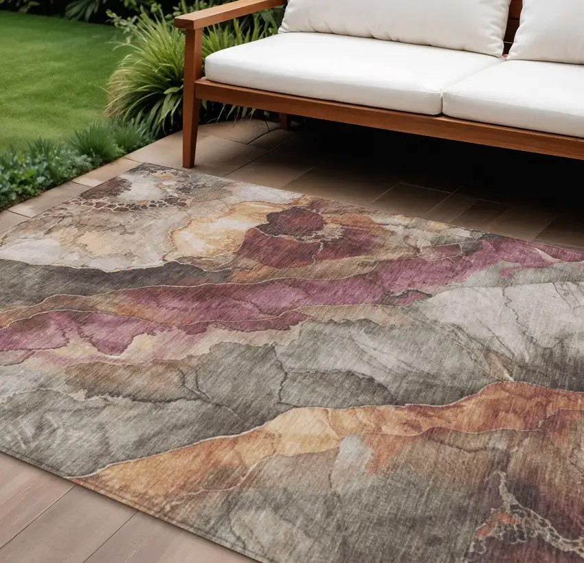 Khaki And Blush Floral Washable Indoor Outdoor Area Rug Photo 2