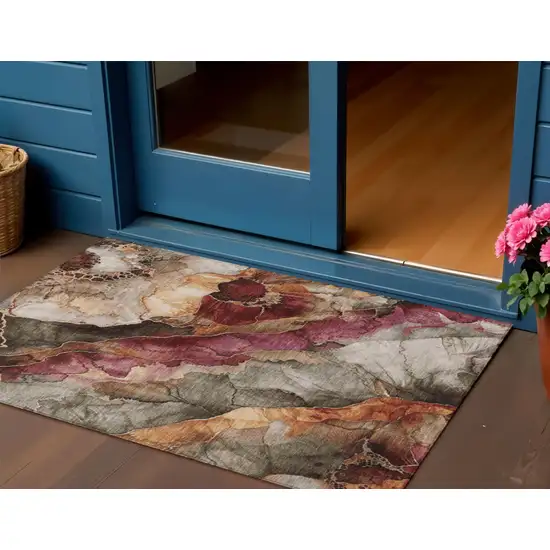 Khaki And Blush Floral Washable Indoor Outdoor Area Rug Photo 2