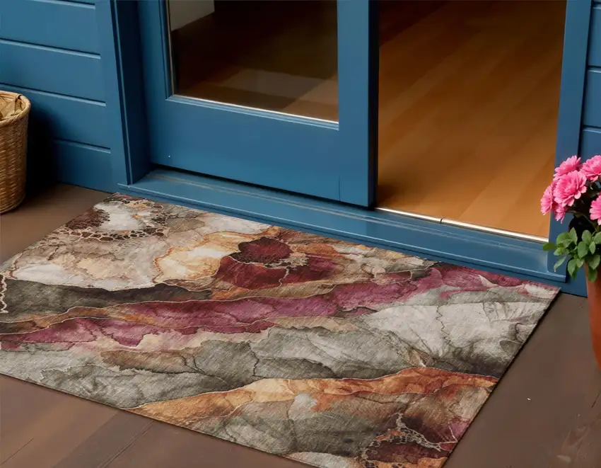 Khaki And Blush Floral Washable Indoor Outdoor Area Rug Photo 2