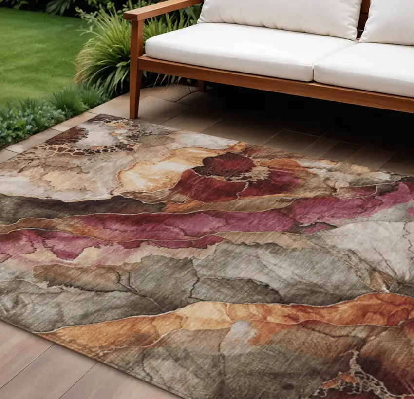 Khaki And Blush Floral Washable Indoor Outdoor Area Rug Photo 2