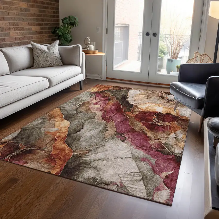 Khaki And Blush Floral Washable Indoor Outdoor Area Rug Photo 5