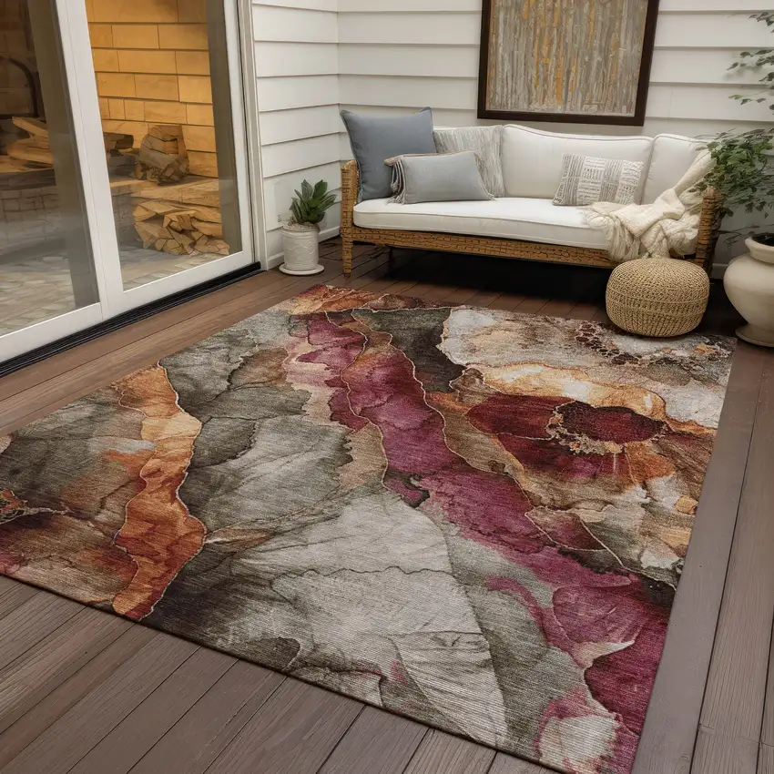 Khaki And Blush Floral Washable Indoor Outdoor Area Rug Photo 4