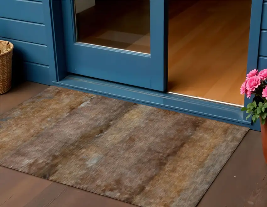 Khaki And Brown Abstract Washable Indoor Outdoor Area Rug Photo 1