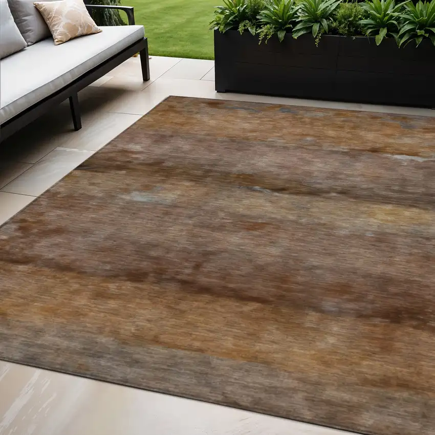 Khaki And Brown Abstract Washable Indoor Outdoor Area Rug Photo 1