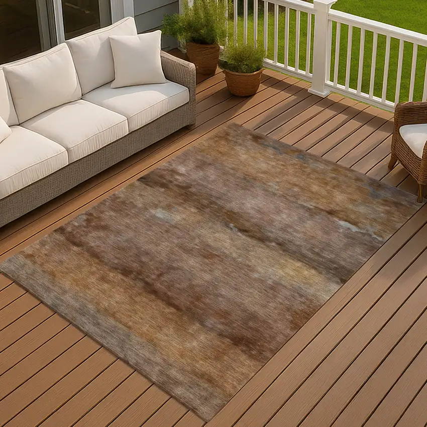 Khaki And Brown Abstract Washable Indoor Outdoor Area Rug Photo 7