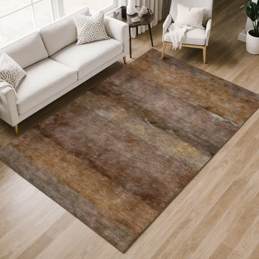 Khaki And Brown Abstract Washable Indoor Outdoor Area Rug Photo 8