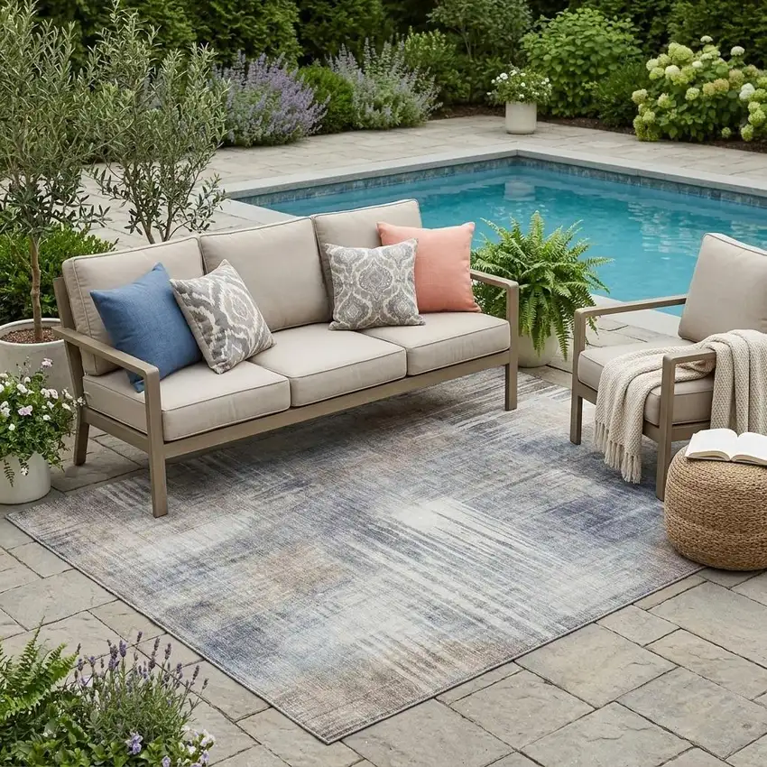 Khaki And Brown Abstract Washable Indoor Outdoor Area Rug Photo 1