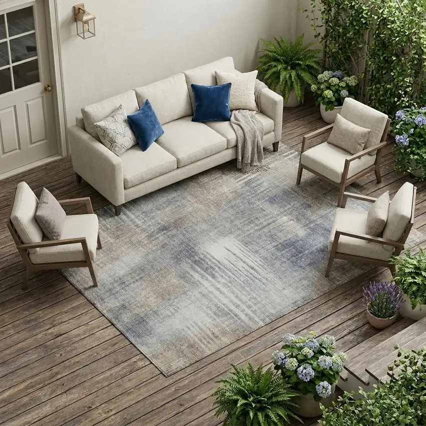 Khaki And Brown Abstract Washable Indoor Outdoor Area Rug Photo 1