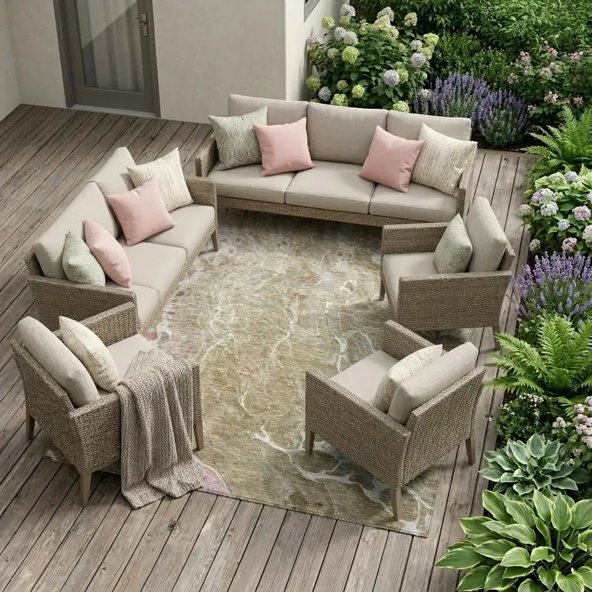 Khaki And Brown Abstract Washable Indoor Outdoor Area Rug Photo 1