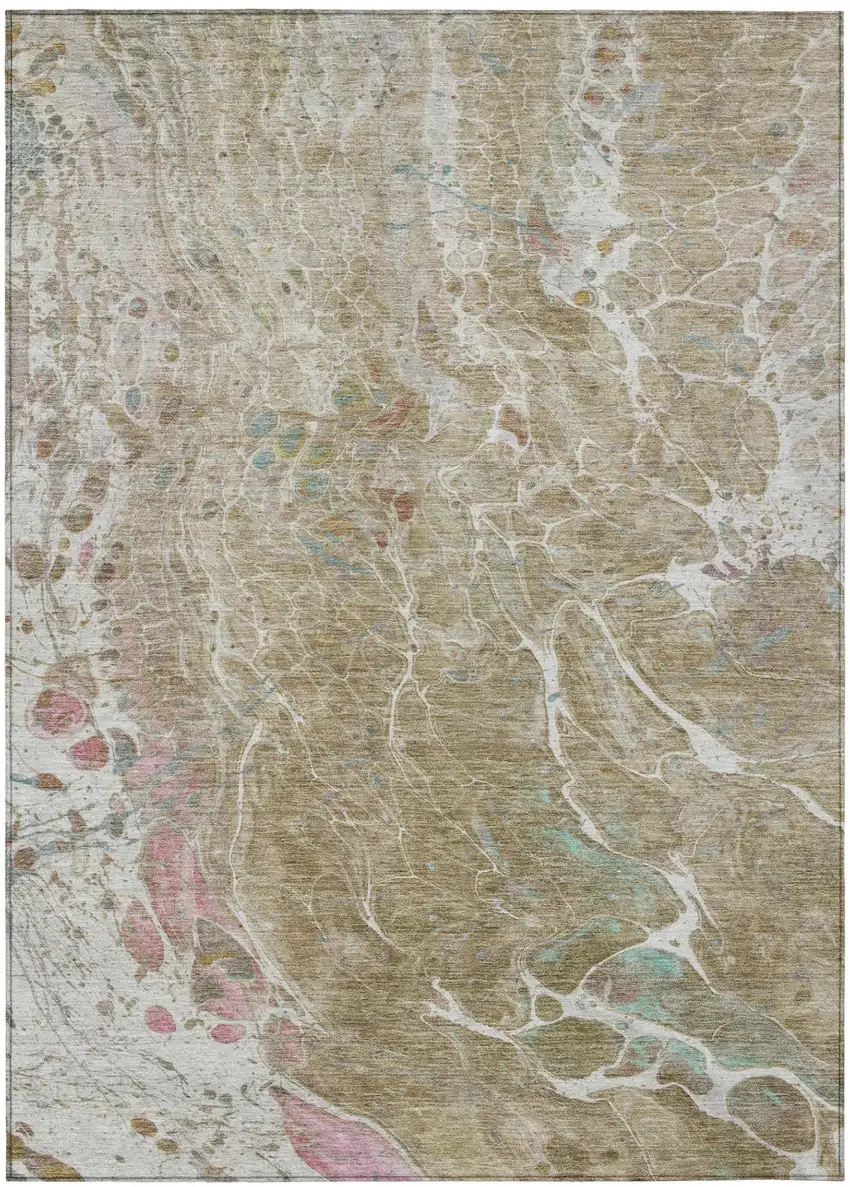 Khaki And Brown Abstract Washable Indoor Outdoor Area Rug Photo 2