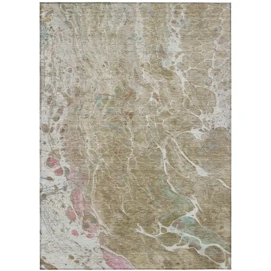 Khaki And Brown Abstract Washable Indoor Outdoor Area Rug Photo 2