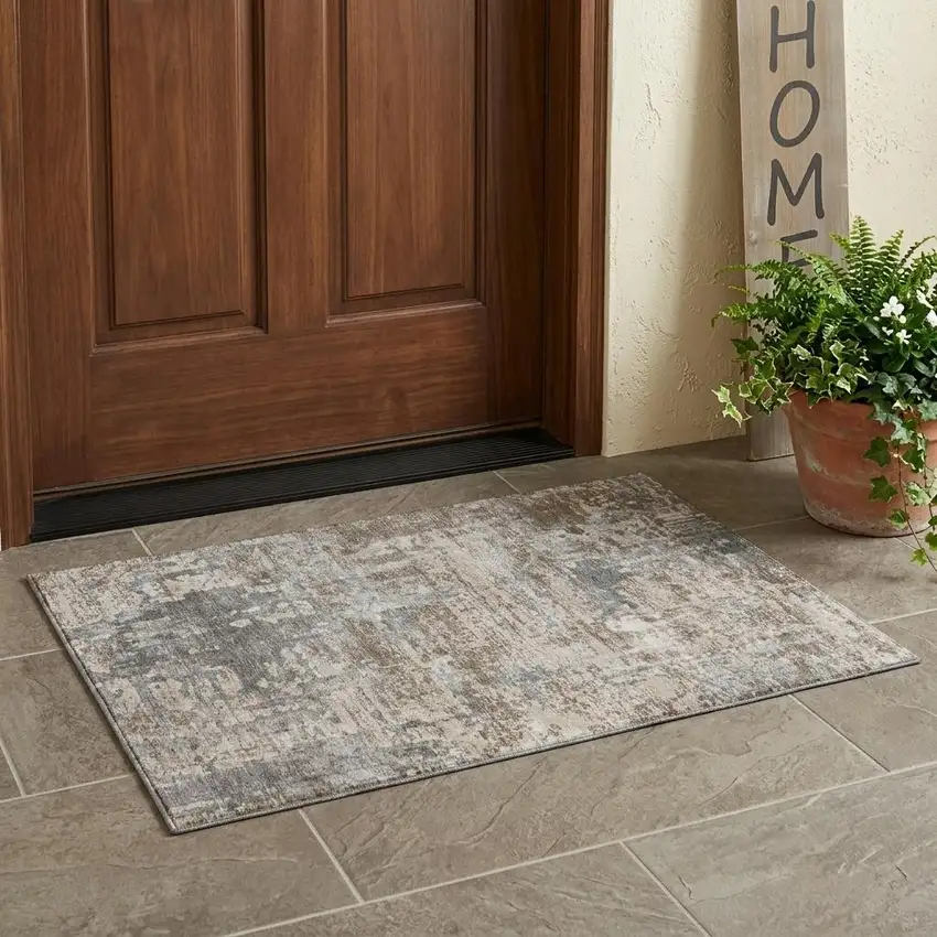 Khaki And Brown Abstract Washable Indoor Outdoor Area Rug Photo 1