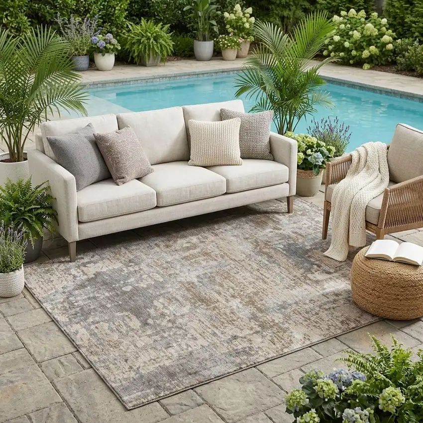 Khaki And Brown Abstract Washable Indoor Outdoor Area Rug Photo 1