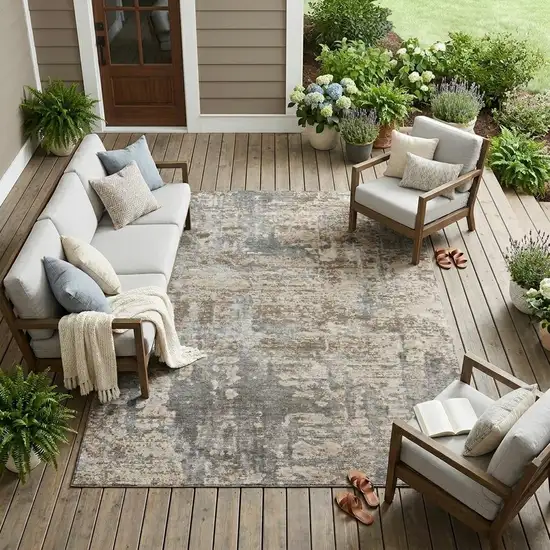 Khaki And Brown Abstract Washable Indoor Outdoor Area Rug Photo 1