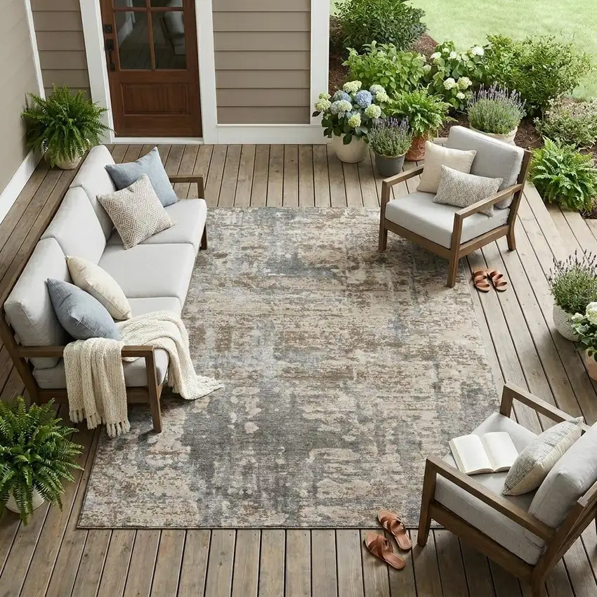 Khaki And Brown Abstract Washable Indoor Outdoor Area Rug Photo 1