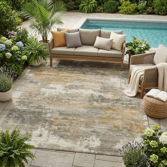 Khaki And Brown Abstract Washable Indoor Outdoor Area Rug Photo 1