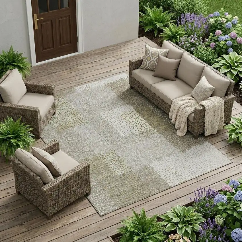 Khaki And Brown Abstract Washable Indoor Outdoor Area Rug Photo 1