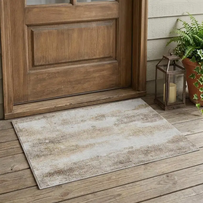 Khaki And Brown Abstract Washable Indoor Outdoor Area Rug Photo 1