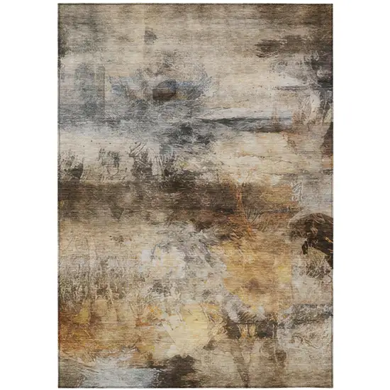 Khaki And Brown Abstract Washable Indoor Outdoor Area Rug Photo 3
