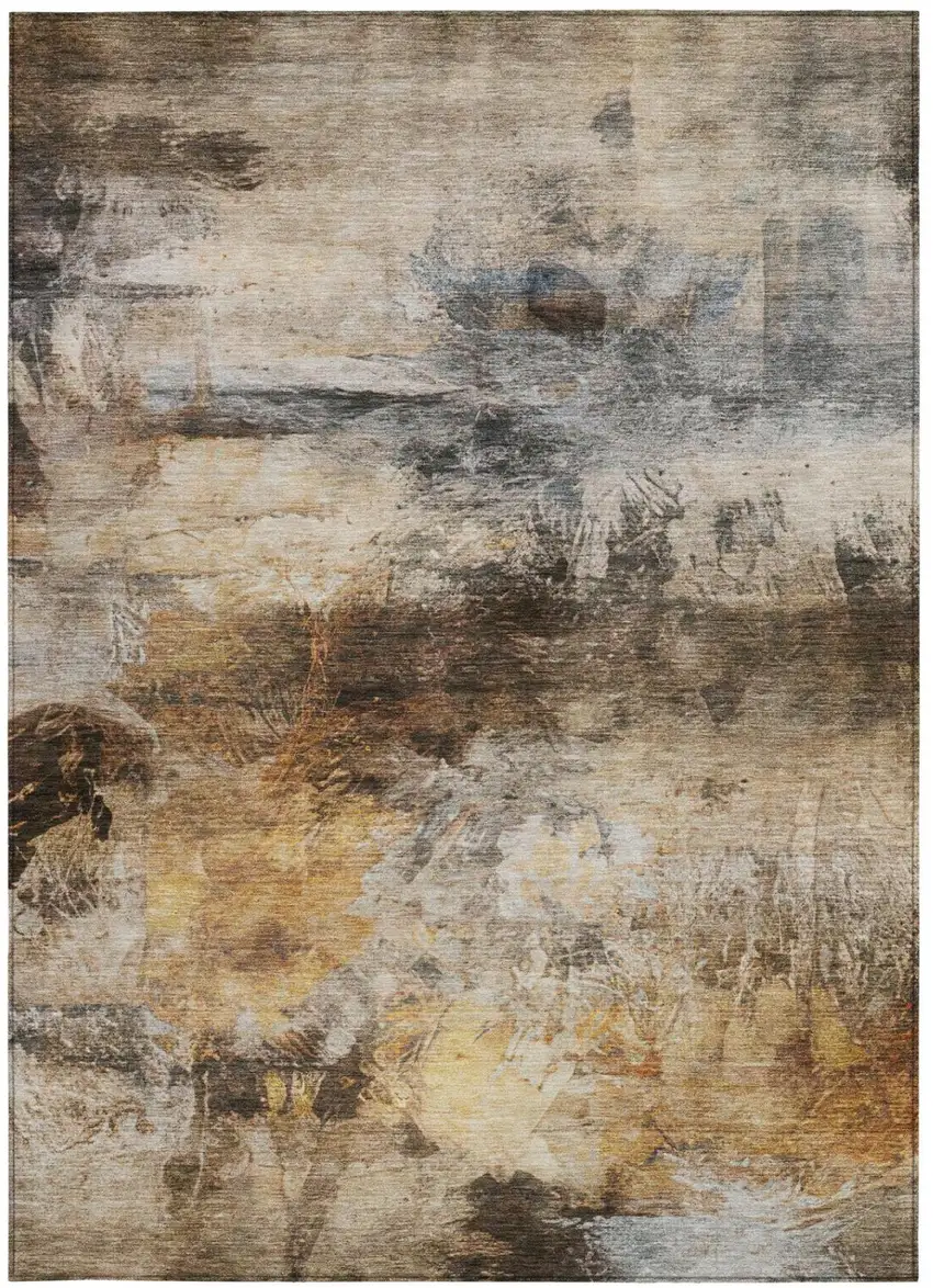 Khaki And Brown Abstract Washable Indoor Outdoor Area Rug Photo 2