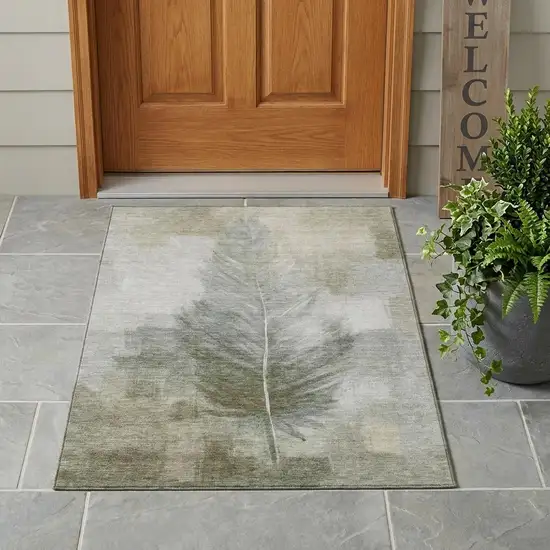 Khaki And Brown Botanical Leaves Washable Indoor Outdoor Area Rug Photo 1