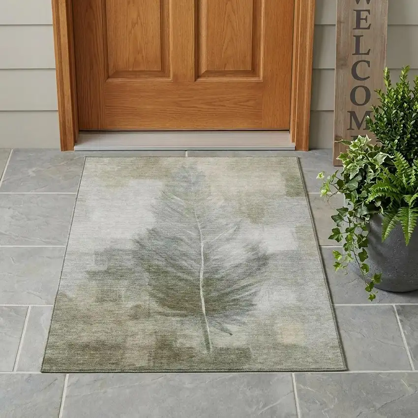 Khaki And Brown Botanical Leaves Washable Indoor Outdoor Area Rug Photo 1