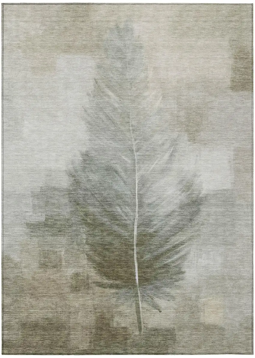 Khaki And Brown Botanical Leaves Washable Indoor Outdoor Area Rug Photo 2