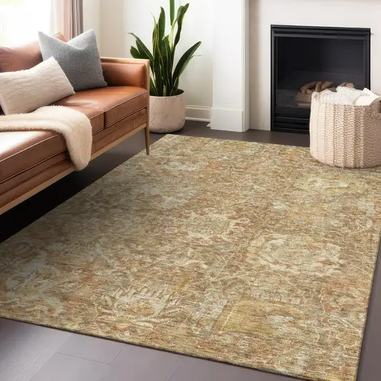 Khaki And Brown Damask Washable Indoor Outdoor Area Rug Photo 8